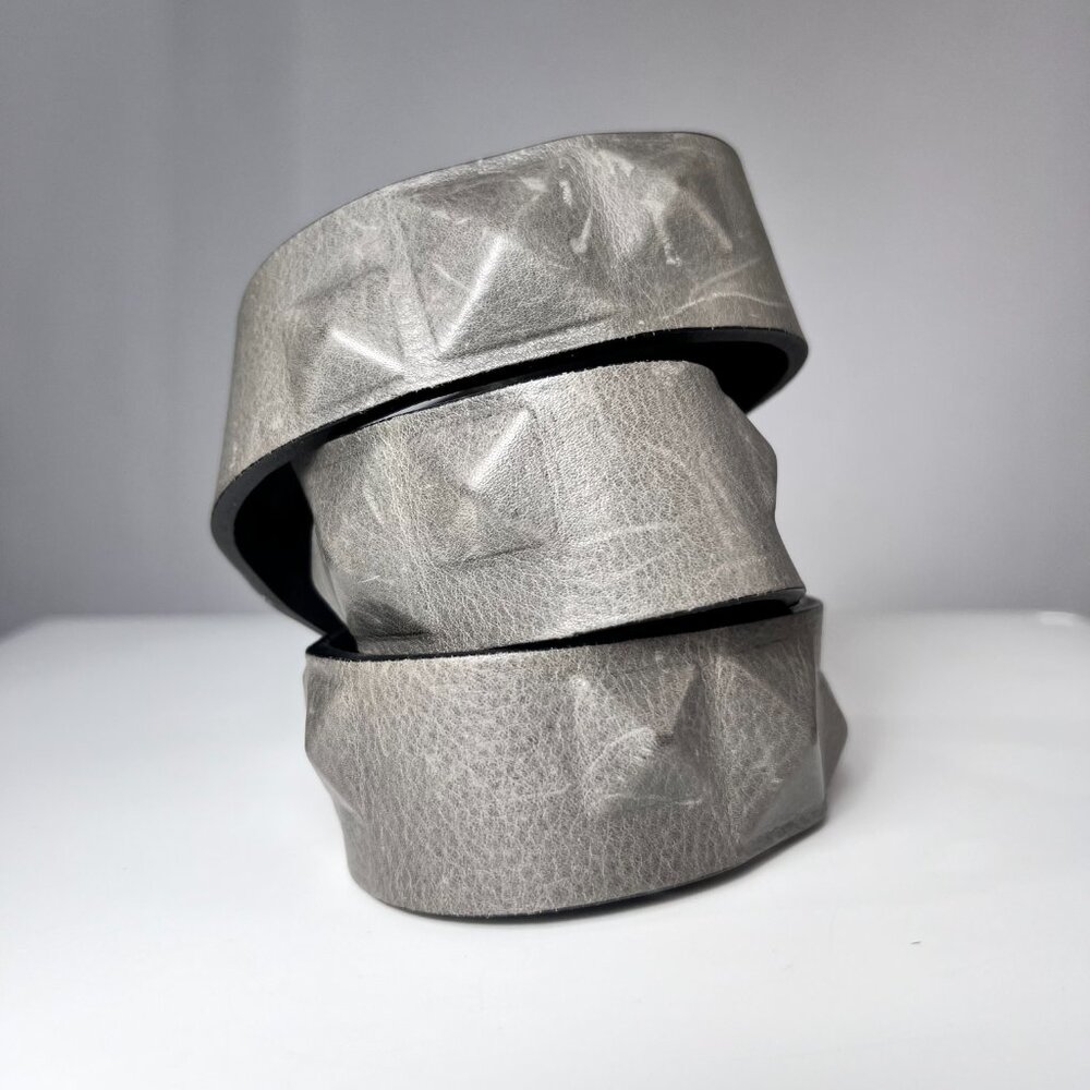 RONALD PINEAU Studded Gray Leather Belt with Snap Closure, Made in France